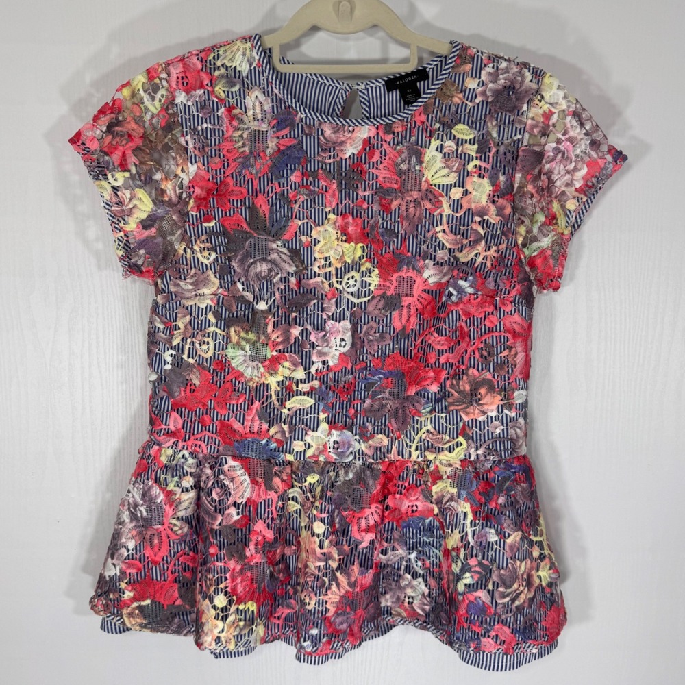 Halogen Floral Lace Top Size XS Blue Striped Peplum Short Sleeve Blouse